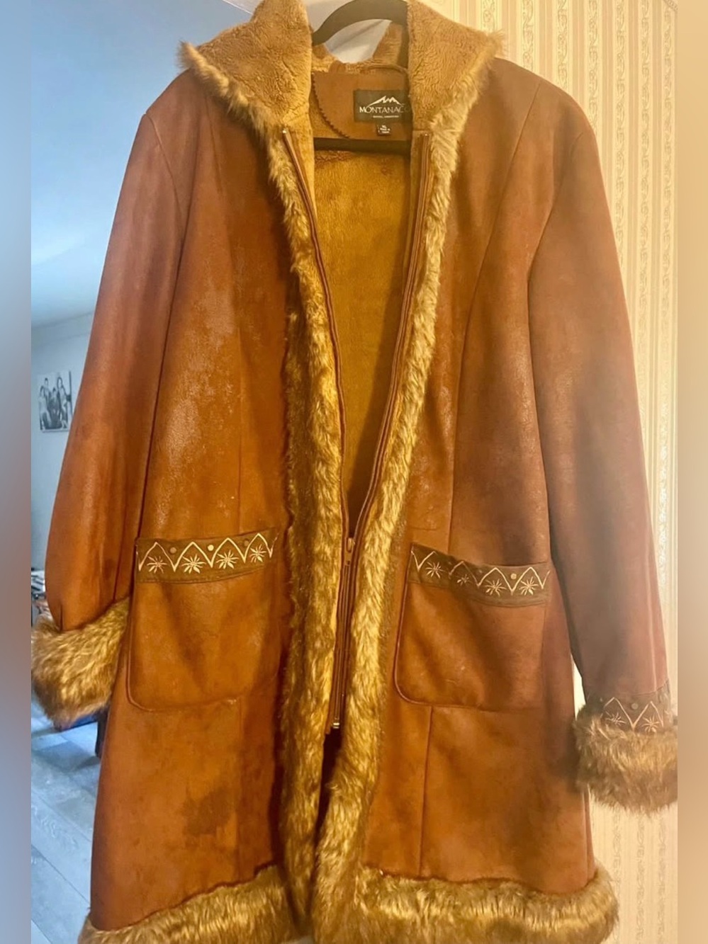 Montanaco Faux-Shearling Trim Long Coat - Chestnut Brown